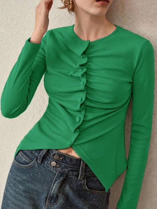 MODA ME COUTURE Tops - Green Casual Women's Ruched Knit Long Sleeve T-Shirt Top